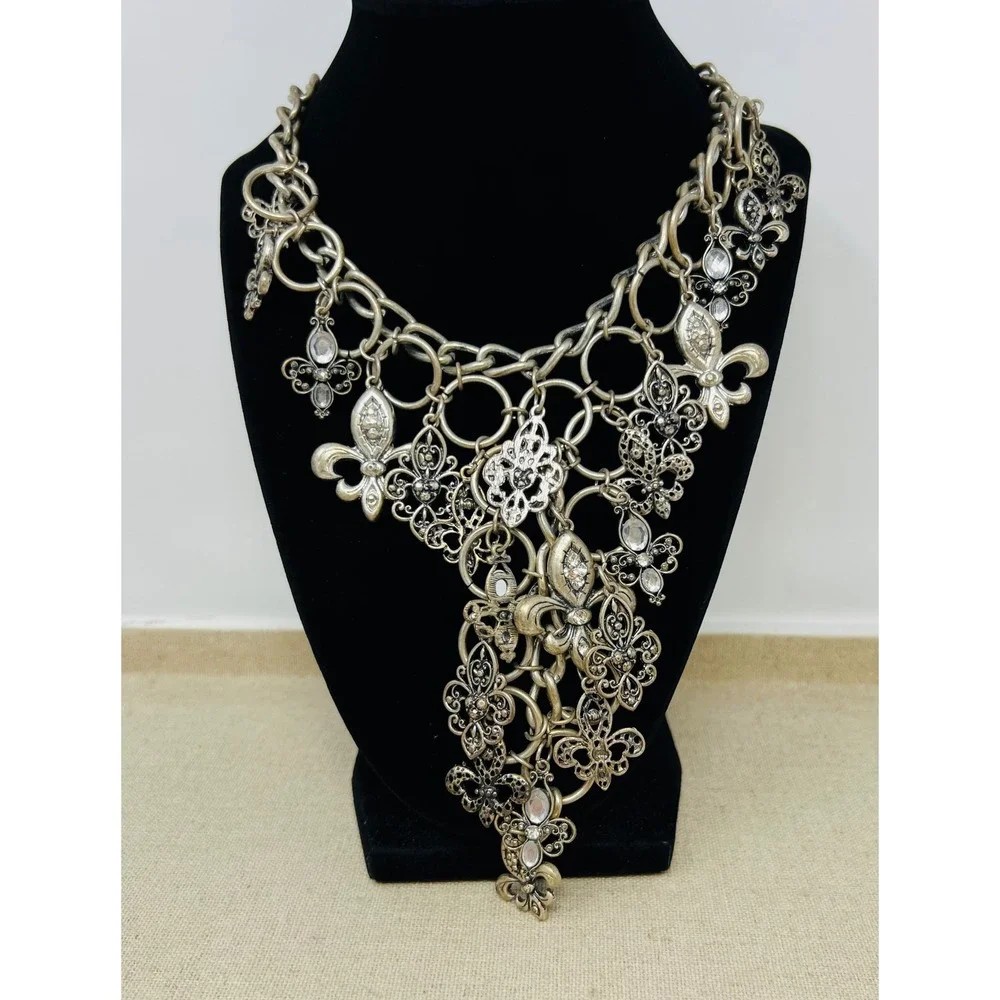 Unica Silver Tone Fleur De Lis Crystal Statement Bib Necklace Gothic Filigree